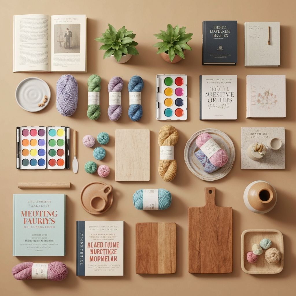 Colorful hobby supplies including yarn, watercolors, and artisan objects